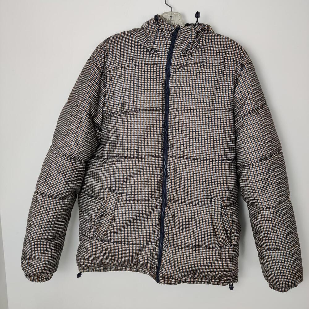 Primark Puffer Jacket Hooded Houndstooth Brown Black Zip Coat Women Size Medium